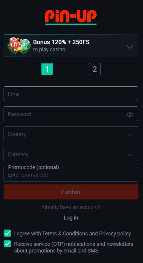 Pin Up Casino Canada registration form